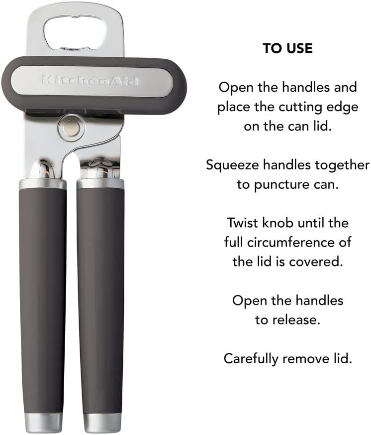 KitchenAid Classic Multifunction Can Opener and Bottle Opener Easy to Use, Razor Sharp Stainless Steel Cutting Wheel, Soft Ergonomic Handles, Black