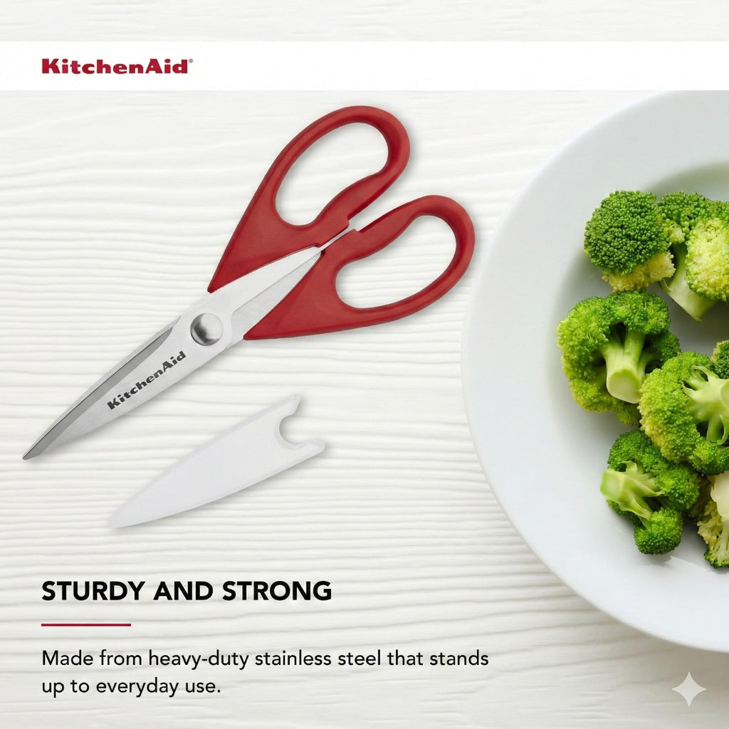 KitchenAid All Purpose Kitchen Shears with Protective Sheath Durable Stainless Steel Scissors, Dishwasher Safe, Soft Grip Comfort Handle, 8.72 Inch, Black