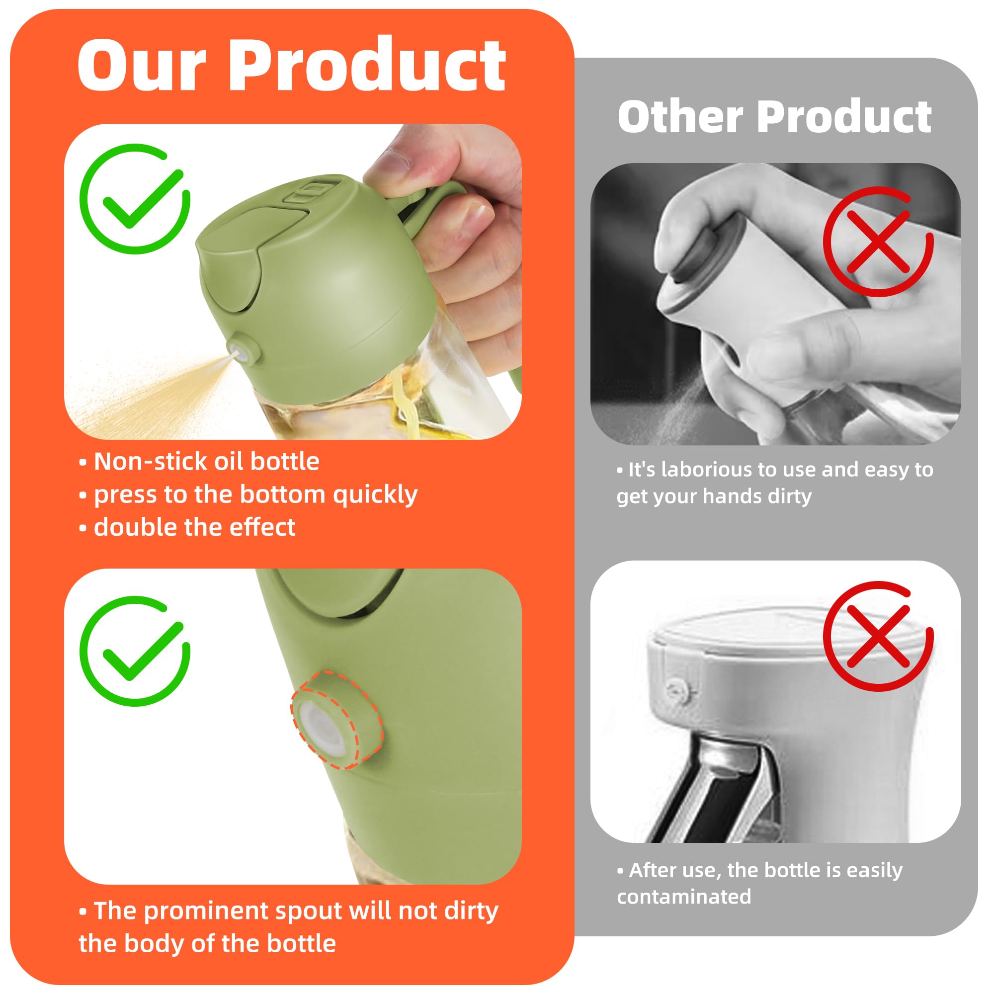 TrendPlain 16oz/470ml Glass Olive Oil Sprayer for Cooking – 2 in 1 Olive Oil Dispenser Bottle for Kitchen Gadgets and Air Fryer Accessories, Salad, BBQ - Black