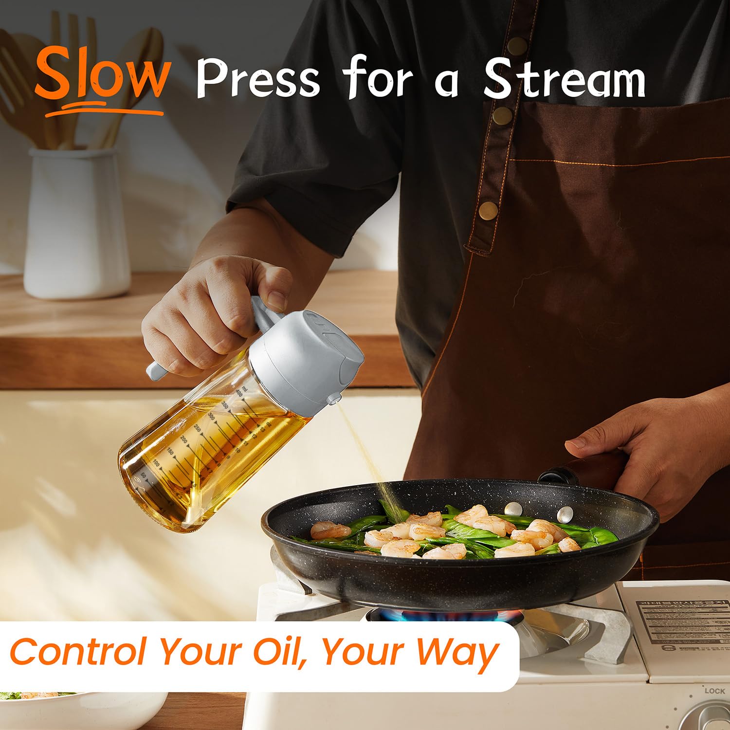 TrendPlain 16oz/470ml Glass Olive Oil Sprayer for Cooking – 2 in 1 Olive Oil Dispenser Bottle for Kitchen Gadgets and Air Fryer Accessories, Salad, BBQ - Black