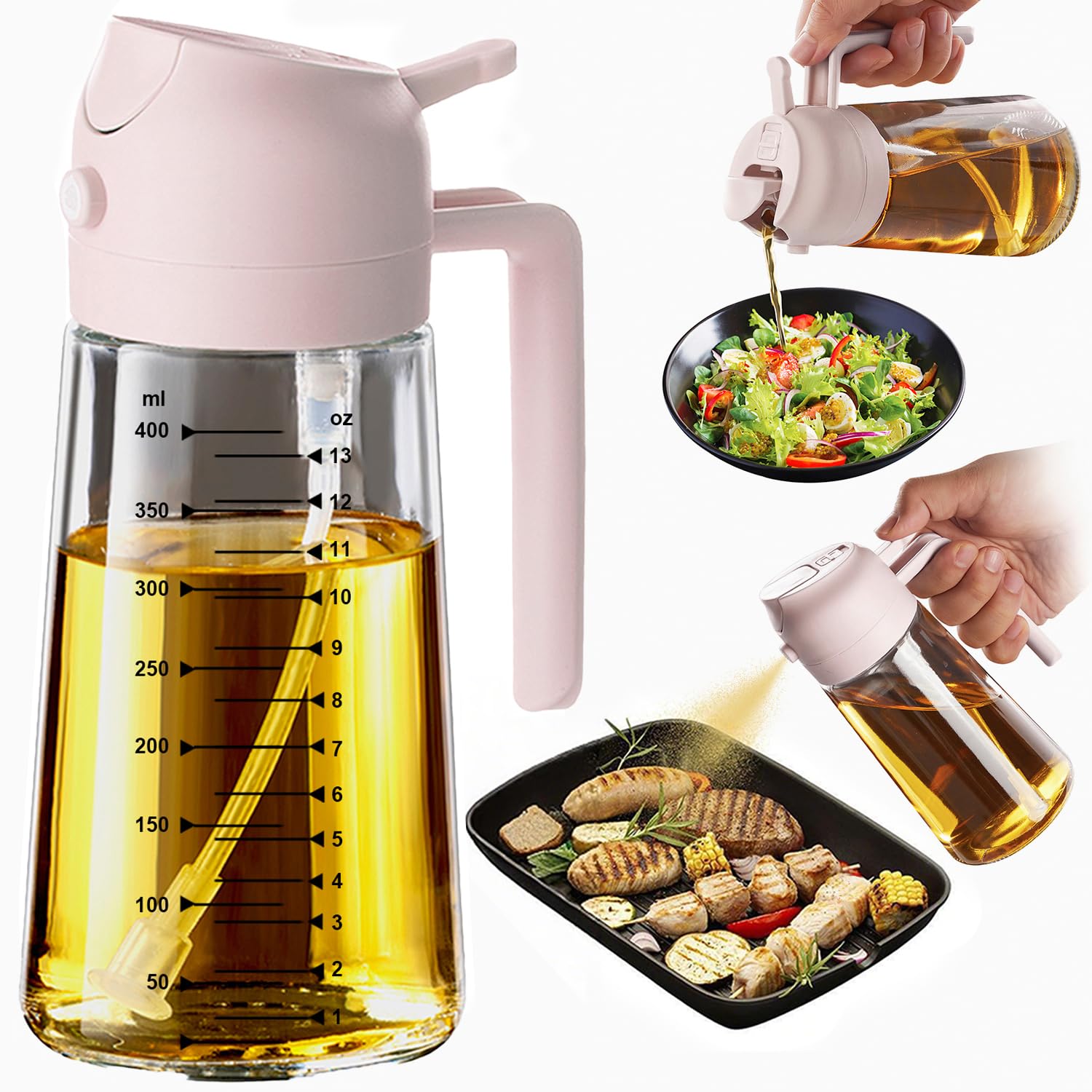 TrendPlain 16oz/470ml Glass Olive Oil Sprayer for Cooking – 2 in 1 Olive Oil Dispenser Bottle for Kitchen Gadgets and Air Fryer Accessories, Salad, BBQ - Black