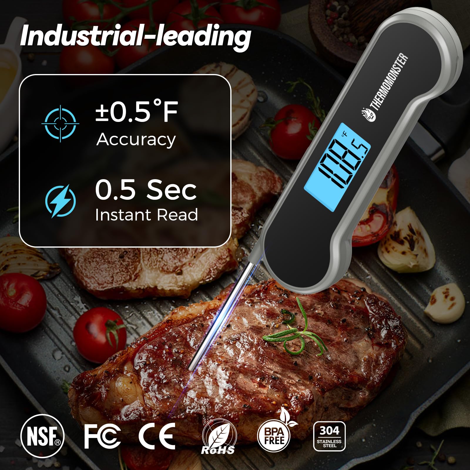 0.5 Sec Instant Read Meat Thermometer Digital with ±0.5℉ Precision, Food Thermometer for Cooking Kitchen Gadgets, Oven Grill Candy BBQ Essentials Accessories, Gifts for Him Dad Men Birthday, Red